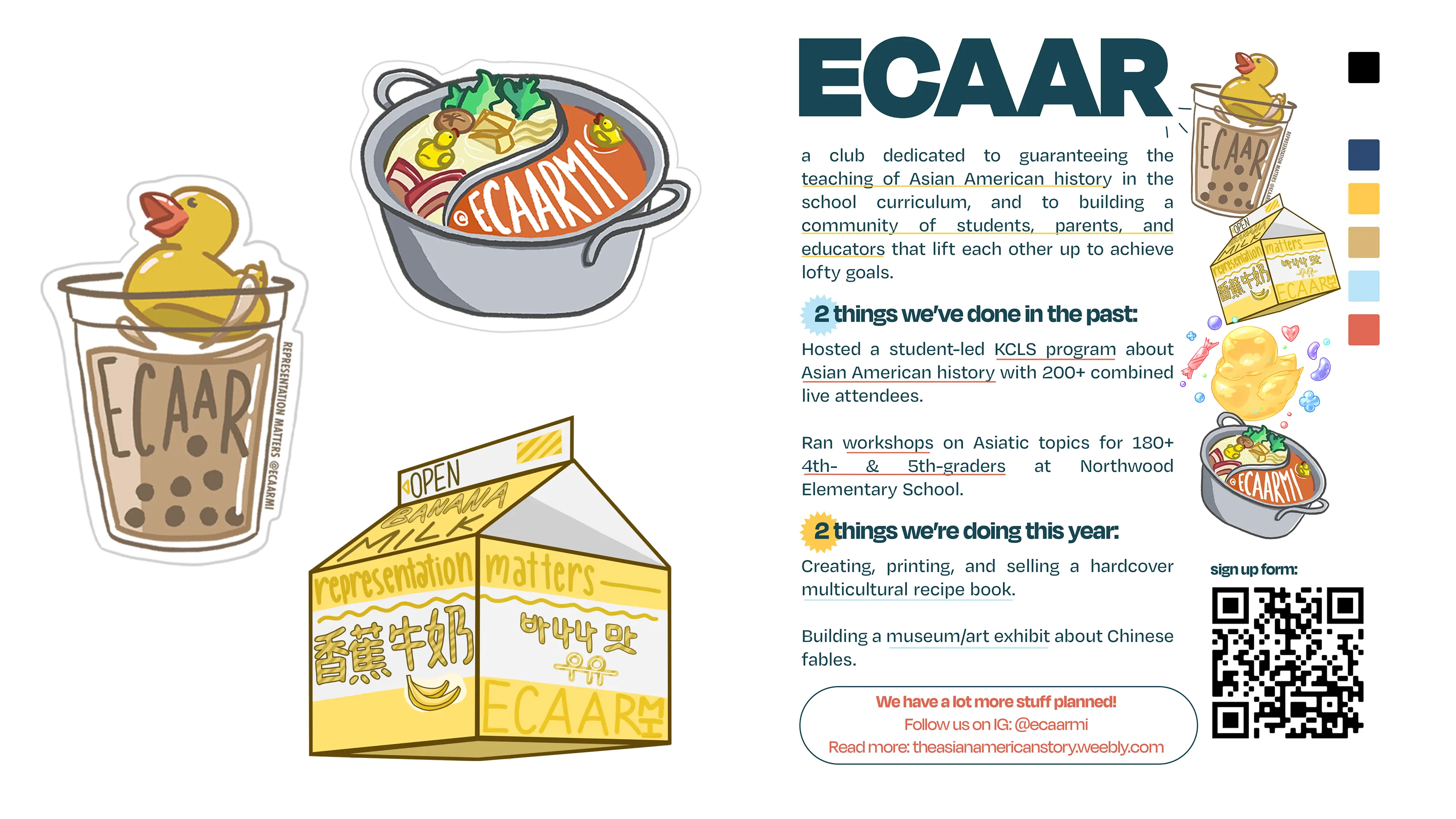 Left: illustrations of hotpot, milk tea, and banana milk. Right: ECAAR flyer with the illustrations on it.